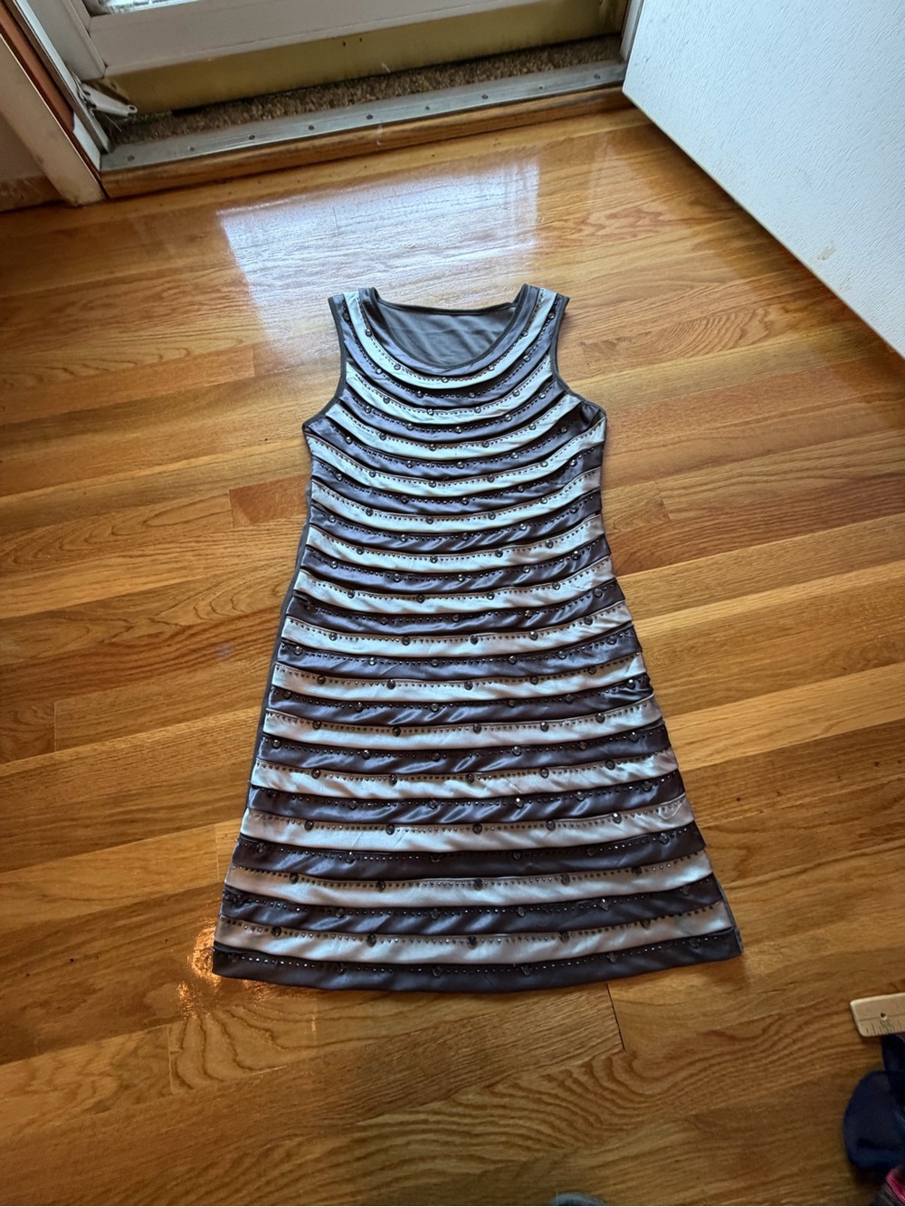 Striped Sleeveless Mini Dress party dress silver and gray medium